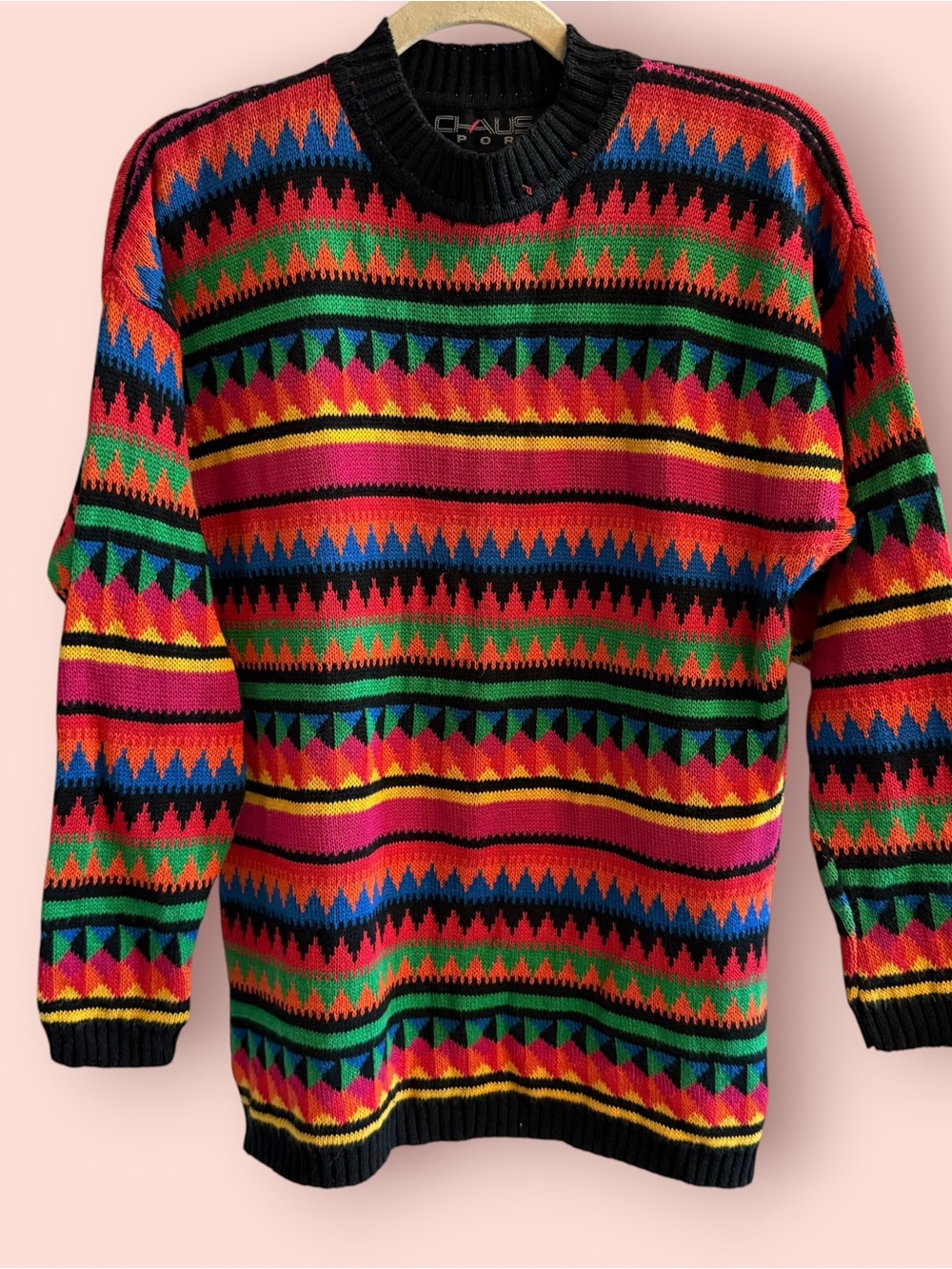 Vintage 90s CHAUS Sport Rainbow Geometric Ramie Cotton Sweater